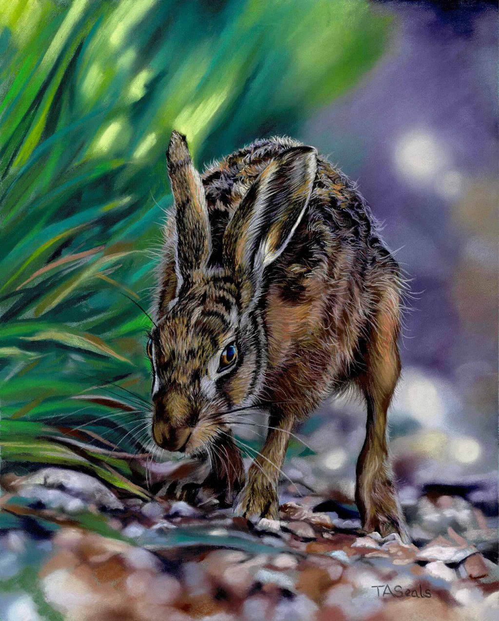 Suffolk Hare on path in dappled light in soft pastel by Teresa Seals Art