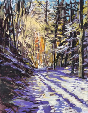 Snowy track through woods depicted in soft pastel
