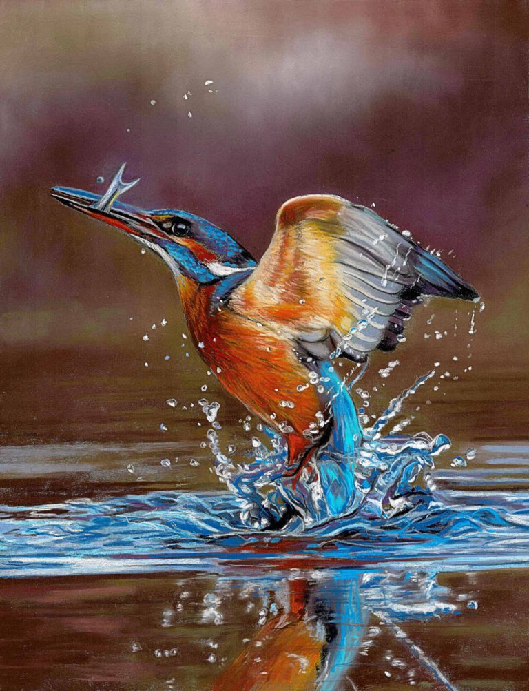 Painting of Kingfisher coming out of water with a fish